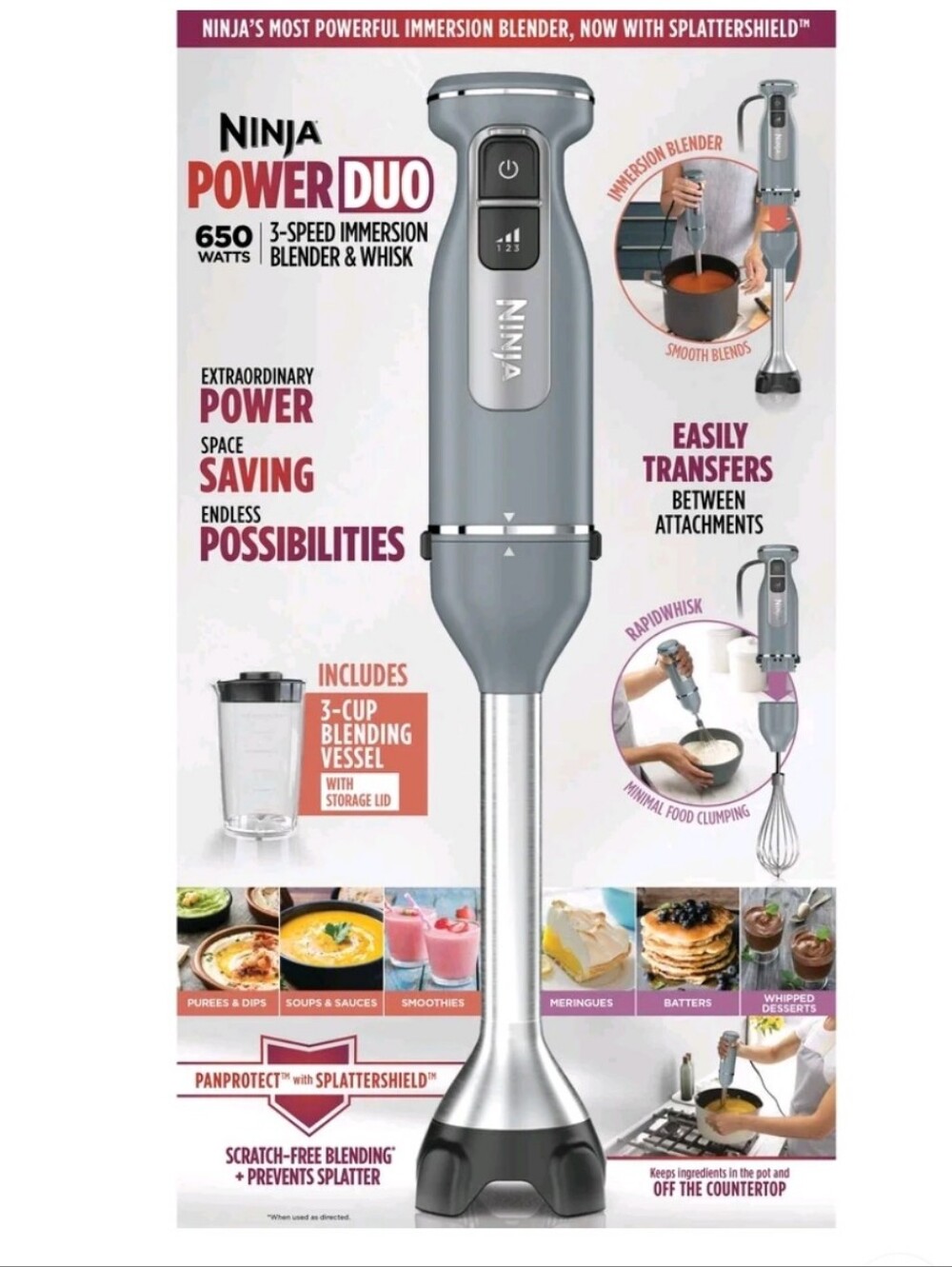 Ninja Power Duo 3-Speed Immersion Blender w/Whisk Splatter Shield